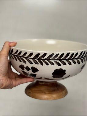Hand-Painted Black Floral Ceramic Pedestal Bowl